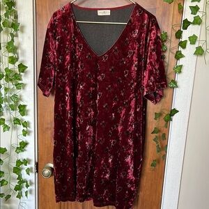 NATURAL LIFE Claire Velvet Boho Mini Dress Cranberry Fan Motif with Pockets| L